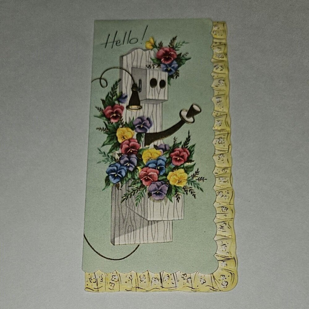 VTG Hello Best Wishes Embossed Greeting Card Scalloped Flowers NEVER USED